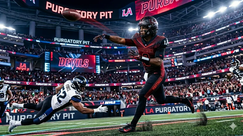 LA Devils quarterback Martinez evading a defender inside a packed stadium.